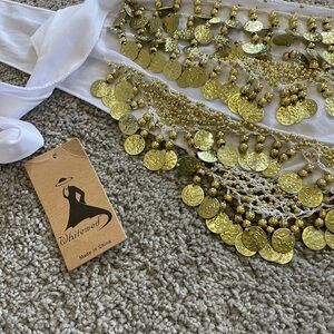 NWT belly dance hip scarf white velvet and gold coins